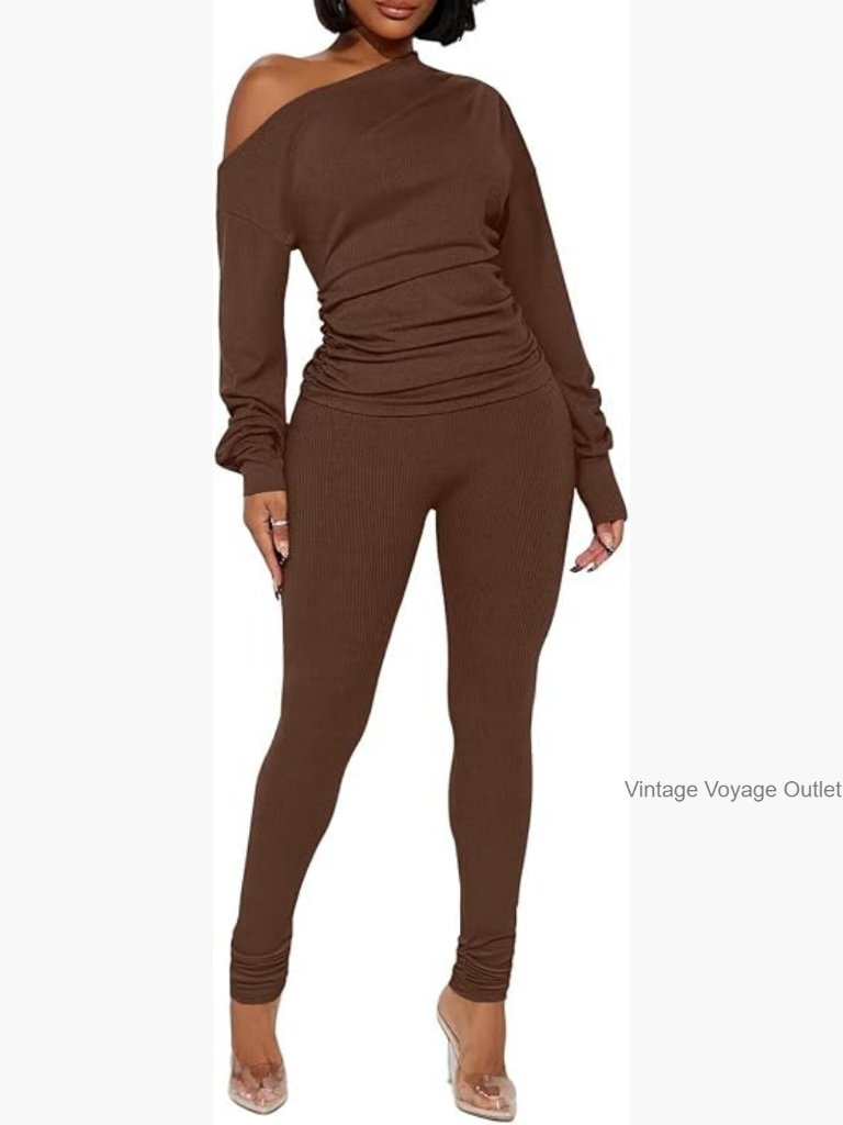 Sexy 2 Piece Set Off Shoulder Top Ribbed Pant Tracksuit Clubwear